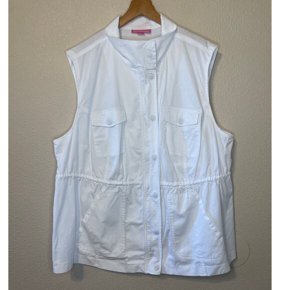 Woman Within Minimalist White Draw String Waist Zip & Snap Closure Vest 1X - Picture 2 of 12